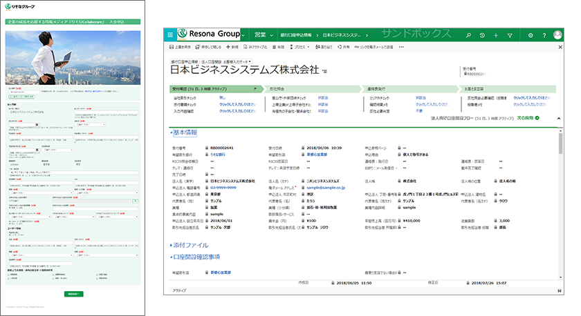 システム利用画面（左：りそなCollaborare入会申込画面、右：新規法人口座開設 業務担当者向け画面）